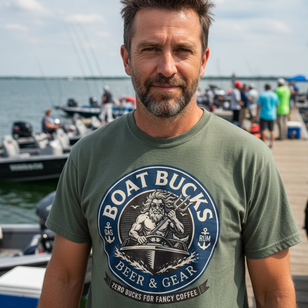 A man wearing a moss green short-sleeve crewneck t-shirt featuring a circular graphic print on the chest. The graphic has a navy blue background with cream-colored text reading 'BOAT BUCKS BEER & GEAR' and a central illustration of a bearded man in a boat, with the tagline 'ZERO BUCKS FOR FANCY COFFEE!' on a banner below.