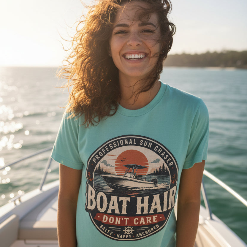 A woman smiling on a boat wearing a light aqua graphic t-shirt with a retro-style sun and boat illustration that reads 'BOAT HAIR' and 'DON'T CARE'.
