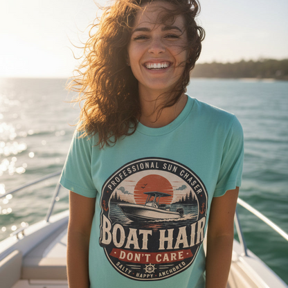 A woman smiling on a boat wearing a light aqua graphic t-shirt with a retro-style sun and boat illustration that reads 'BOAT HAIR' and 'DON'T CARE'.