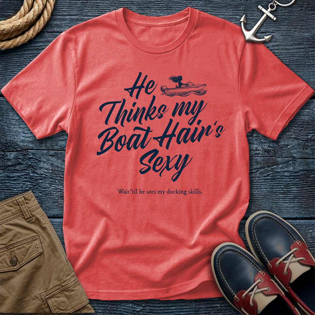 Boat Hair is Sexy T-Shirt in Bright Salmon — funny dock life tee on Comfort Colors 1717