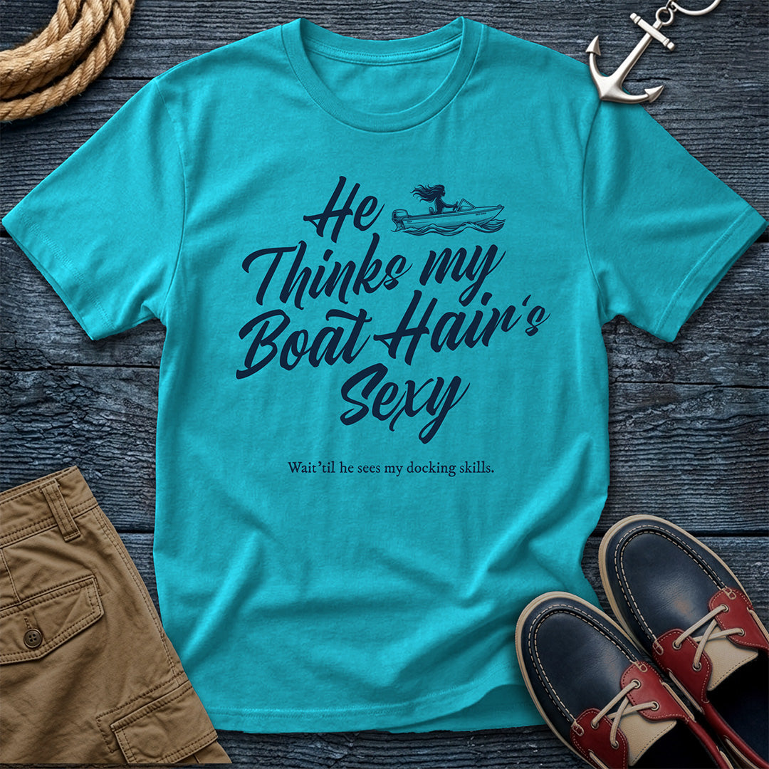 Boat Hair is Sexy T-Shirt in Lagoon Blue — funny dock life tee on Comfort Colors 1717