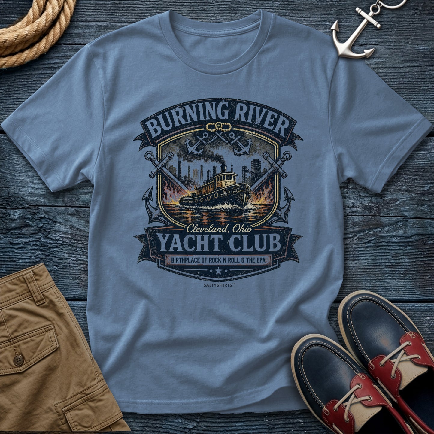 Burning River Yacht Club T-Shirt in Blue Jean — Cleveland Great Lakes tee on Comfort Colors 1717