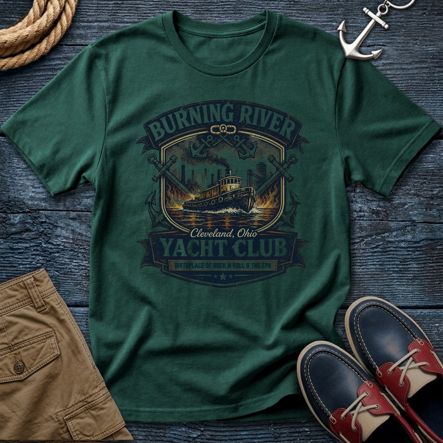 Burning River Yacht Club T-Shirt in Blue Spruce — Cleveland Great Lakes tee on Comfort Colors 1717