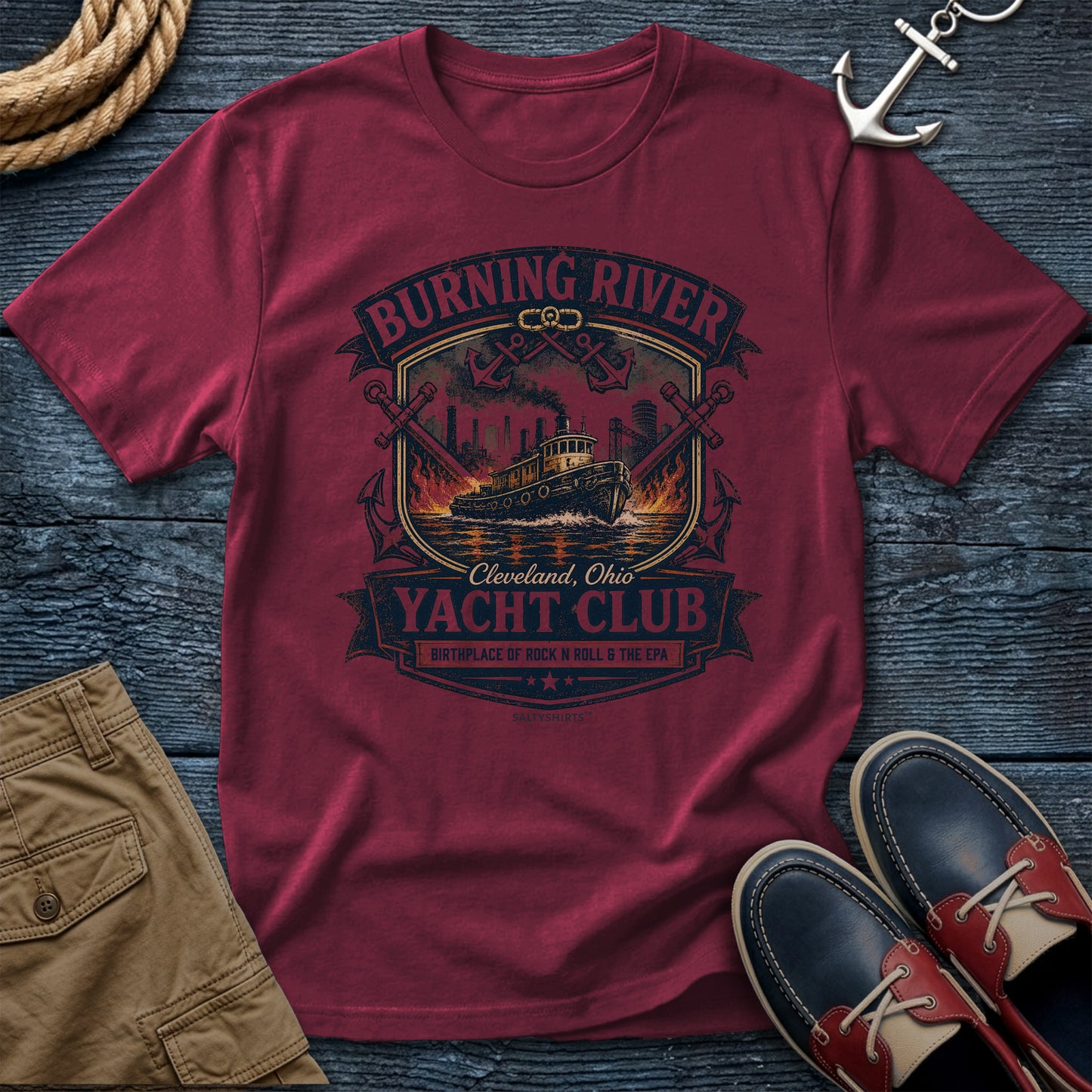 Burning River Yacht Club T-Shirt in Brick — Cleveland Great Lakes tee on Comfort Colors 1717