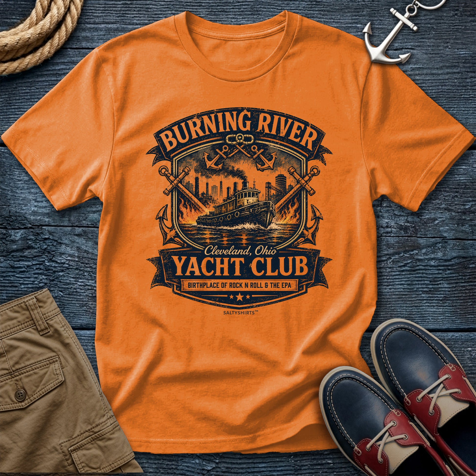 Burning River Yacht Club T-Shirt in Burnt Orange — Cleveland Great Lakes tee on Comfort Colors 1717