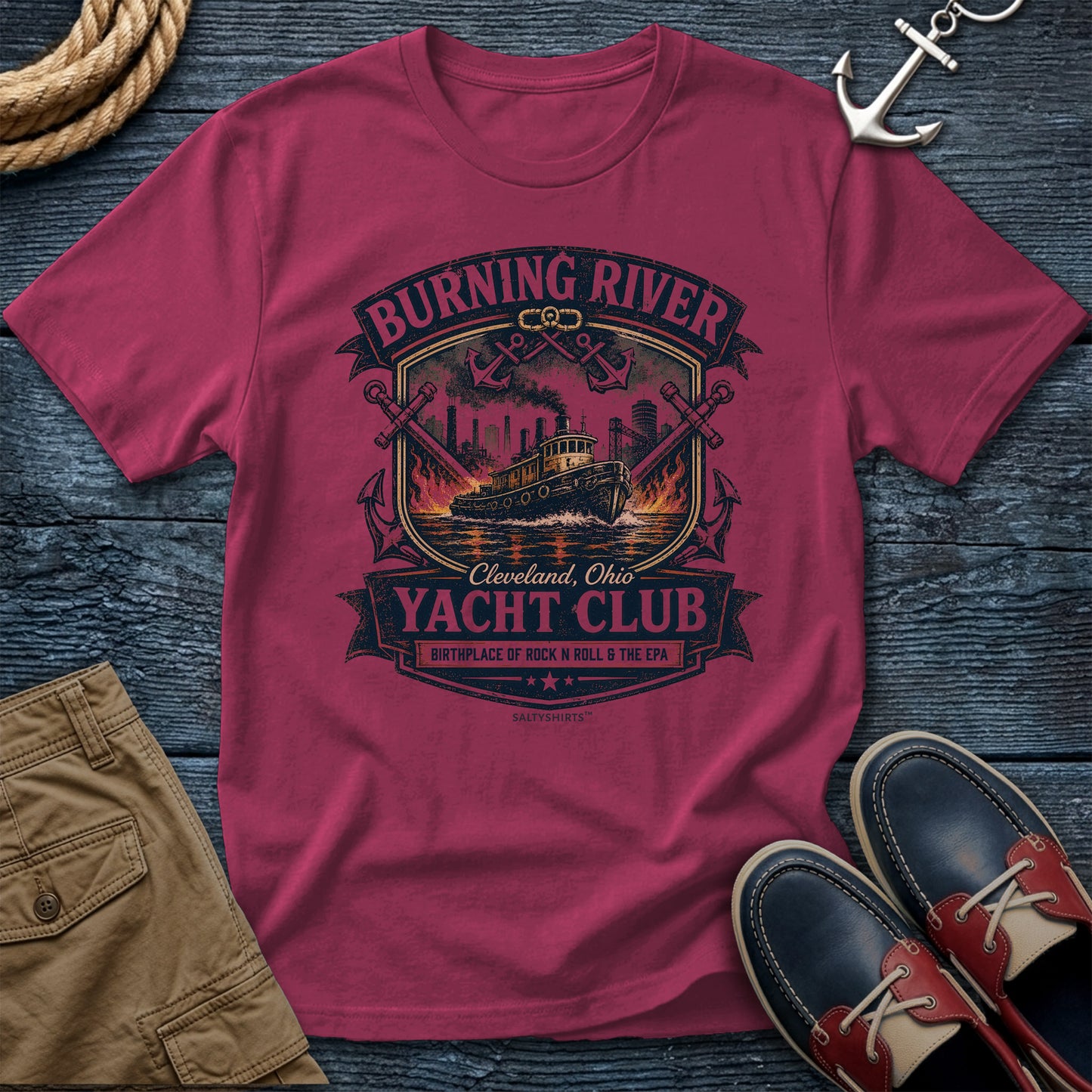 Burning River Yacht Club T-Shirt in Crimson — Cleveland Great Lakes tee on Comfort Colors 1717