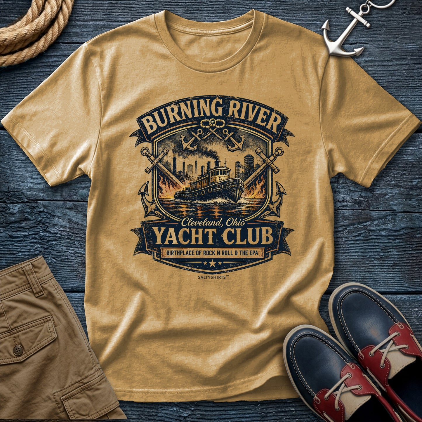 Burning River Yacht Club T-Shirt in Mustard — Cleveland Great Lakes tee on Comfort Colors 1717