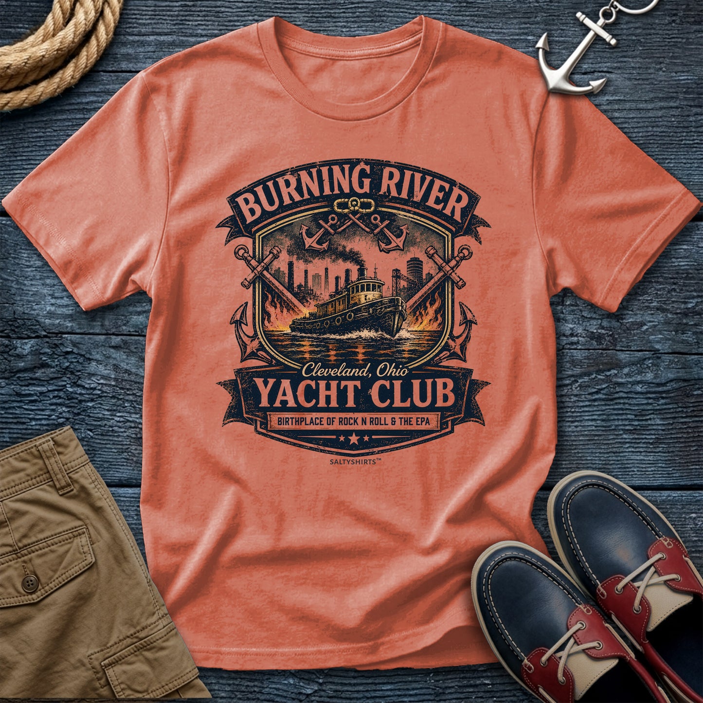 Burning River Yacht Club T-Shirt in Terracotta — Cleveland Great Lakes tee on Comfort Colors 1717