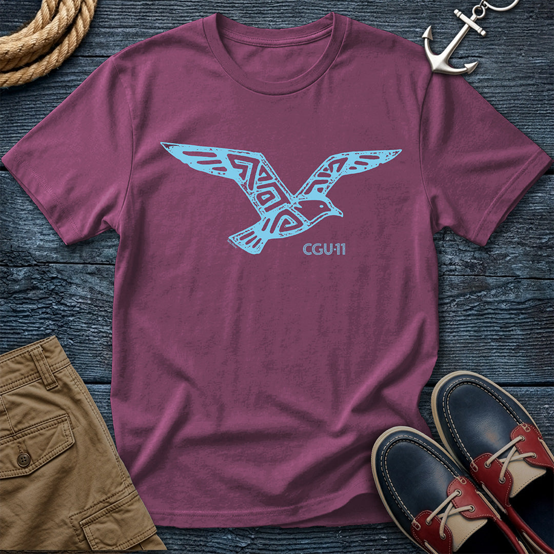 CGU-11 tribal seagull t-shirt in berry featuring a flying gull graphic