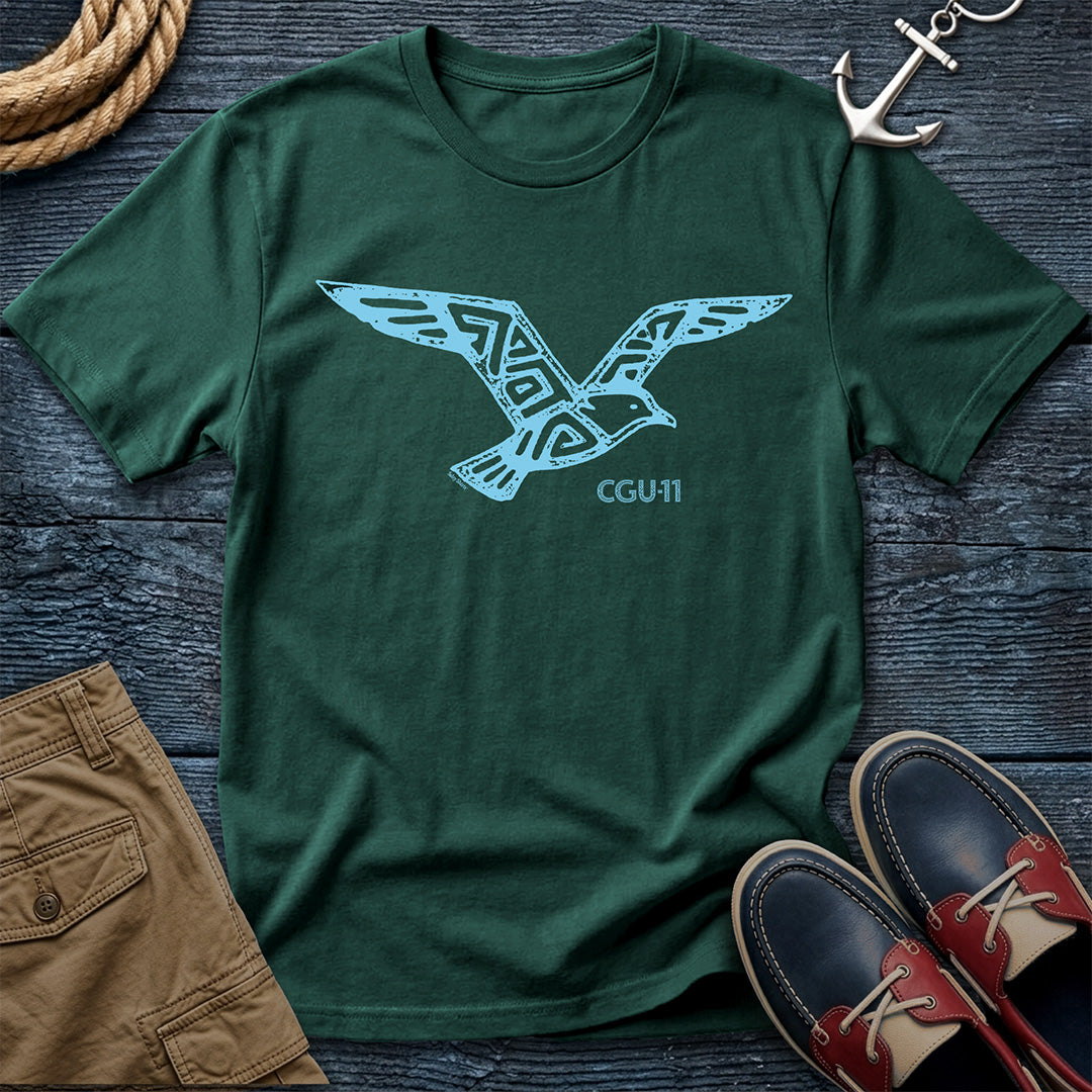 CGU-11 tribal seagull t-shirt in Blue Spruce featuring a flying gull graphic