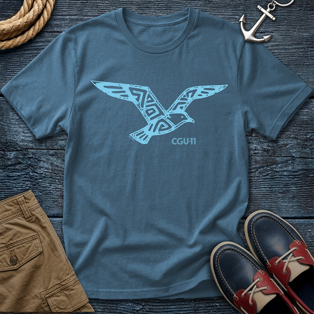 CGU-11 tribal seagull t-shirt in Denim featuring a flying gull graphic