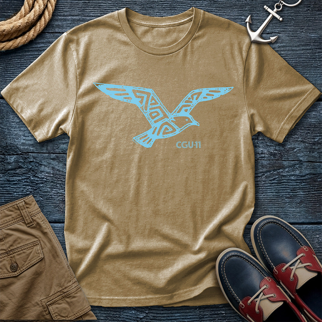 CGU-11 tribal seagull t-shirt in Khaki featuring a flying gull graphic