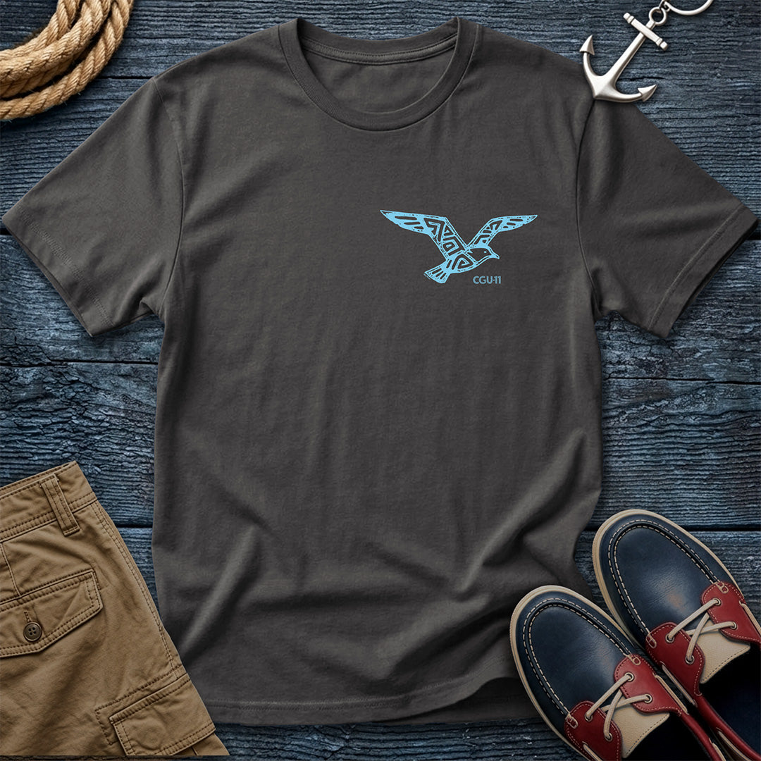 CGU-11 tribal seagull t-shirt in Graphite  featuring a flying gull graphic this pocket logo is for me.