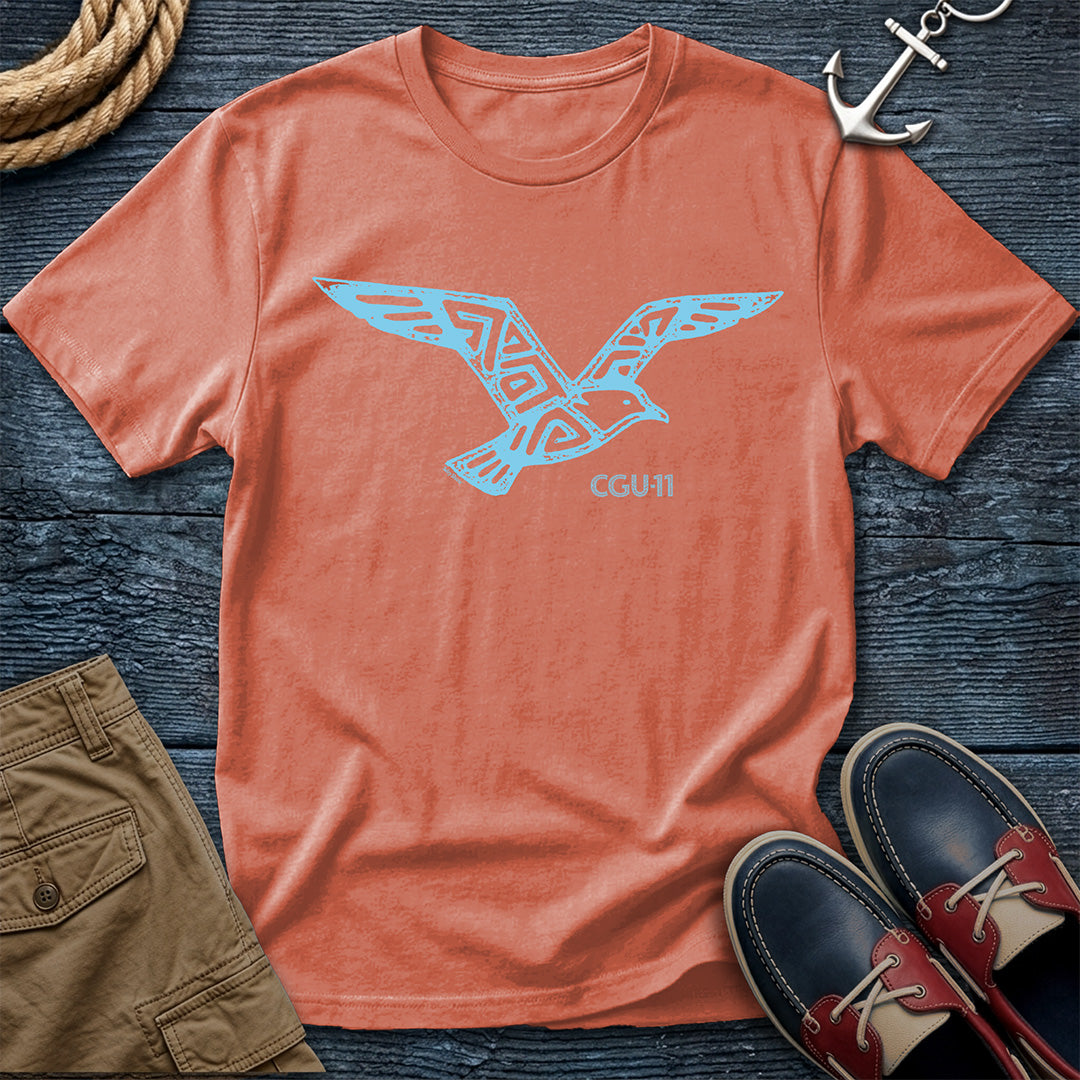 CGU-11 tribal seagull t-shirt in Terracotta featuring a flying gull graphic