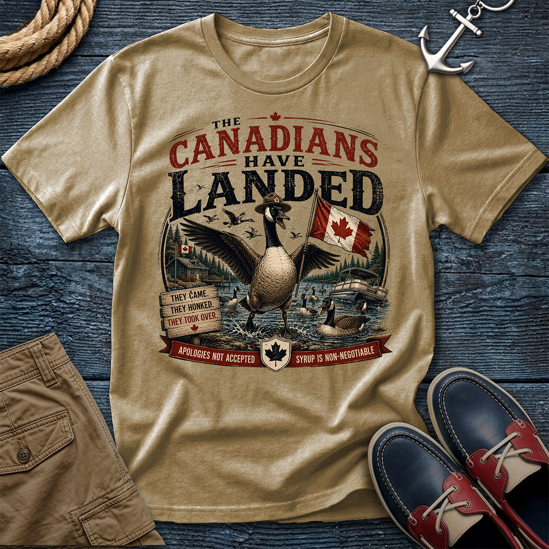 The Canadians Have Landed Tee in Khaki – Canada goose humor graphic t-shirt by Salty Shirts