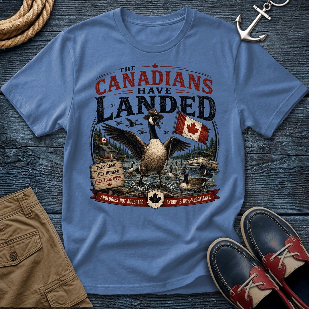 The Canadians Have Landed Tee in Washed Denim – Canada goose humor graphic t-shirt by Salty Shirts