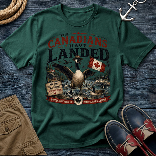 Bay: The Canadians Have Landed Tee in Blue Spruce – Canada goose humor graphic t-shirt by Salty Shirts