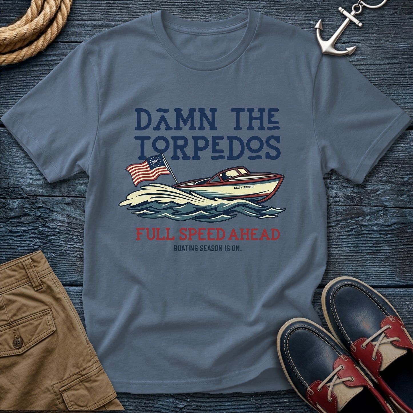 Damn The Torpedos Full Speed Ahead T-Shirt in Blue Jean — nautical summer captain tee on Comfort Colors 1717