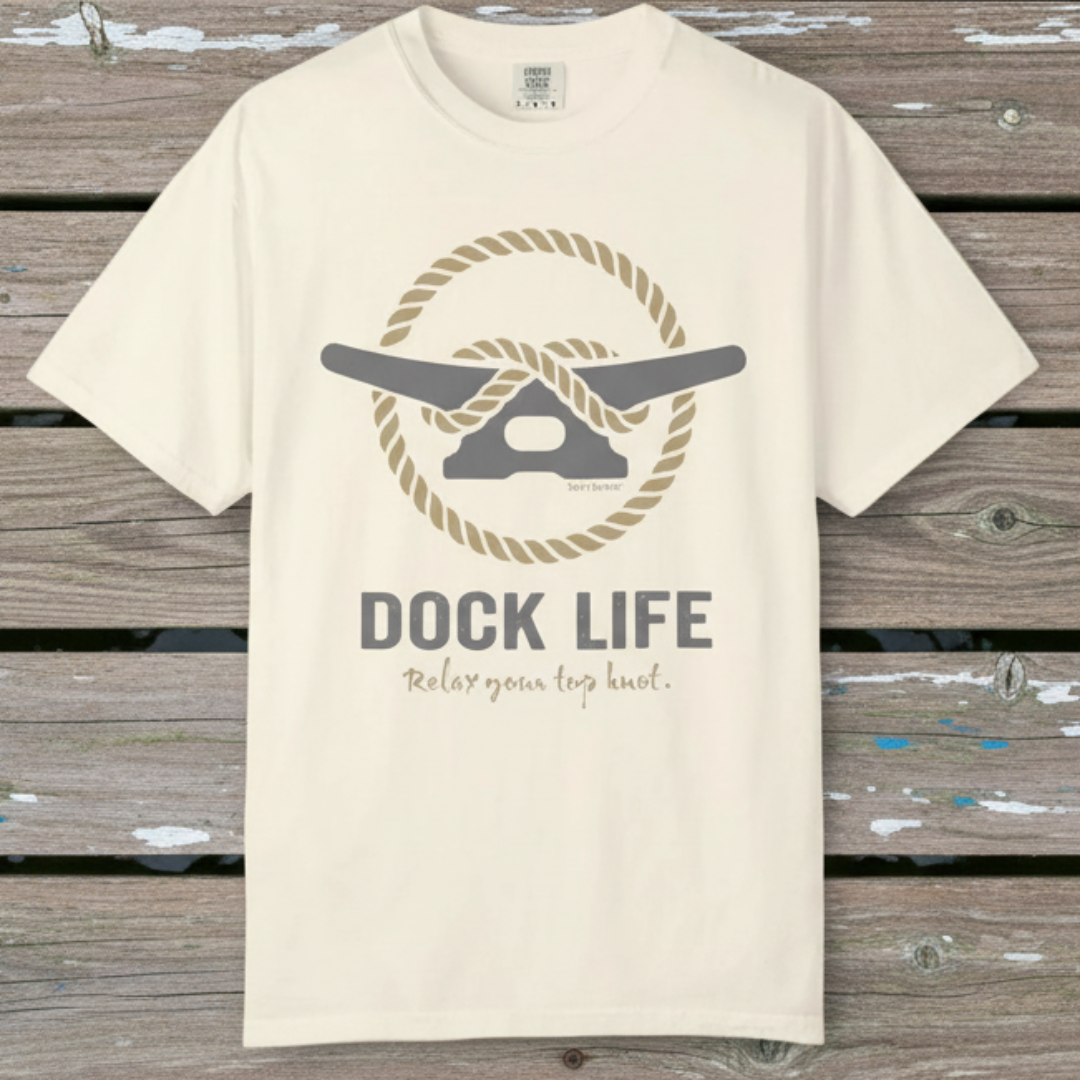Ivory t-shirt with 'Dock Life' graphic design on a wooden background