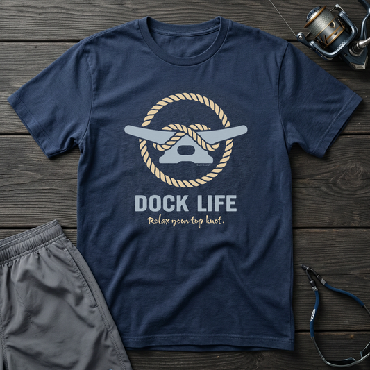 Navy blue t-shirt with 'Dock Life' graphic on a wooden surface with fishing equipment.