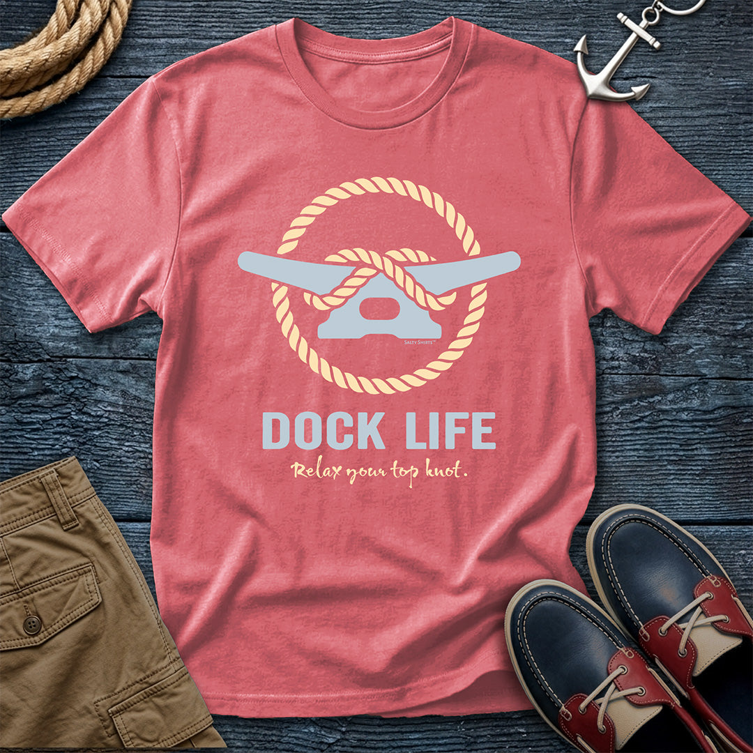 Water Melon t-shirt with 'Dock Life' graphic on a wooden surface with shorts and shoes.