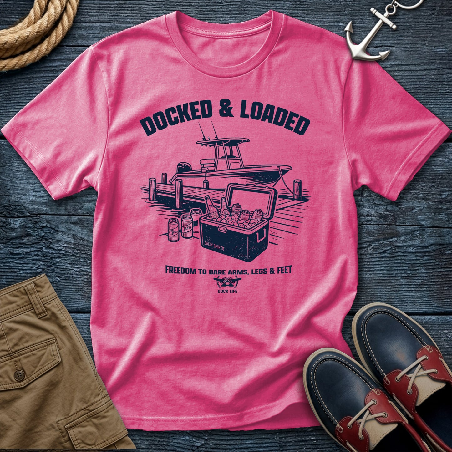 Docked & Loaded T-Shirt in Azalea — dock life graphic tee on Gildan Softstyle 64000
