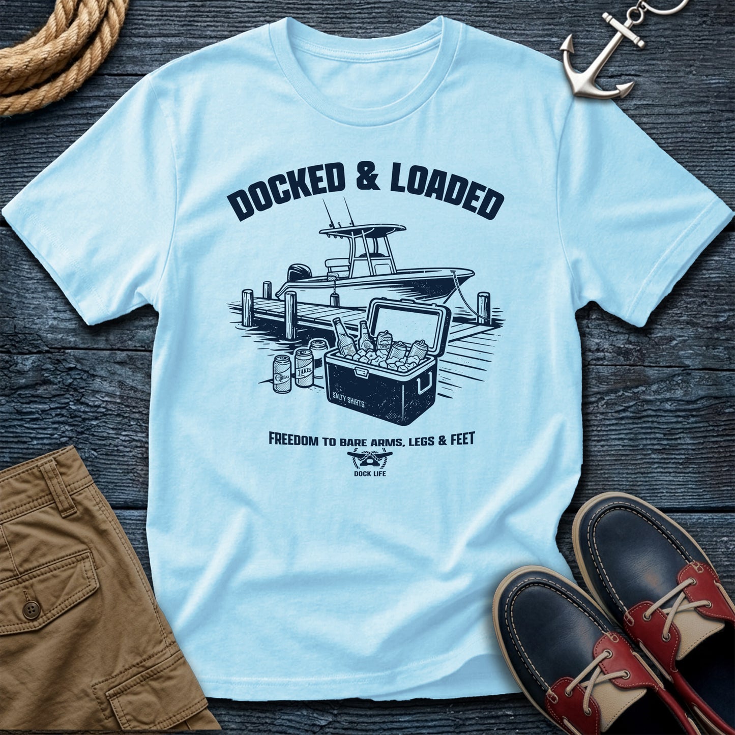 Docked & Loaded T-Shirt in Light Blue — dock life graphic tee on Gildan Softstyle 64000