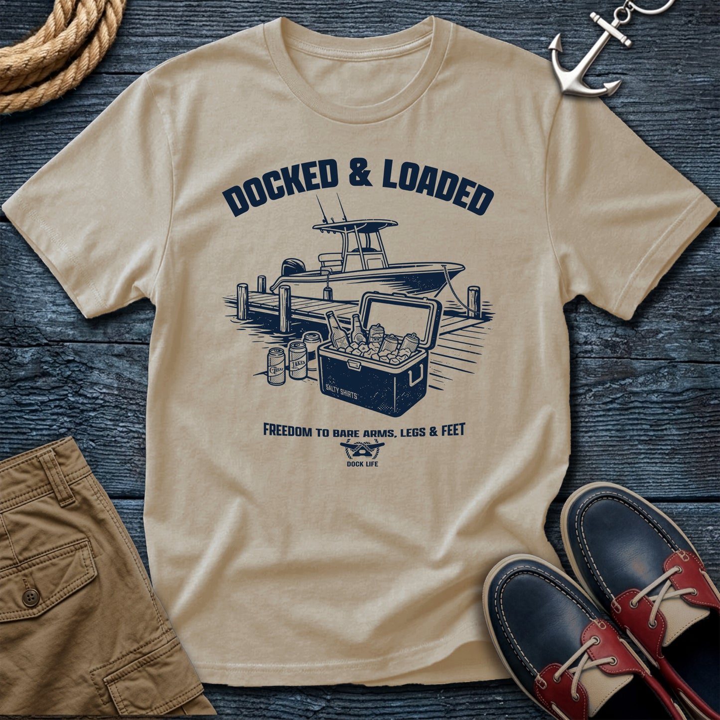 Docked & Loaded T-Shirt in Sand — dock life graphic tee on Gildan Softstyle 64000