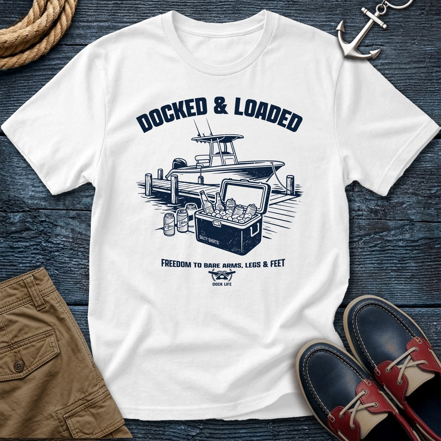 Docked & Loaded T-Shirt in White — dock life graphic tee on Gildan Softstyle 64000