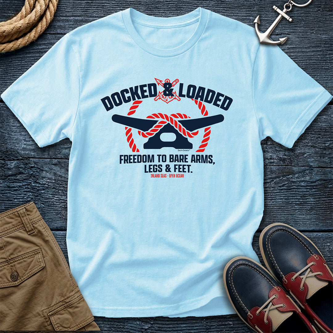 Docked & Loaded garment-dyed tee in Chambray — dock life graphic by Salty Shirts