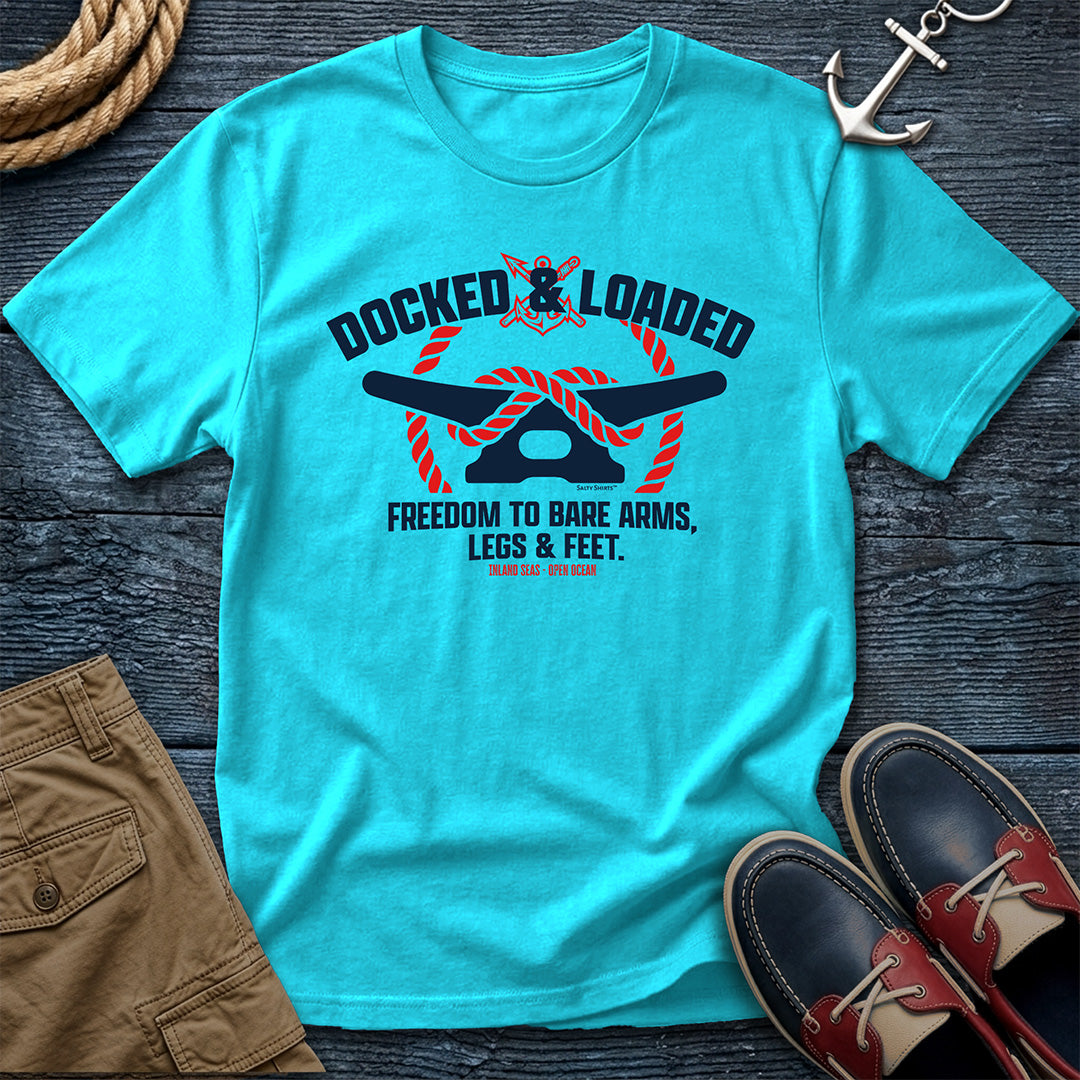 Docked & Loaded garment-dyed tee in Lagoon Blue — dock life graphic by Salty Shirts