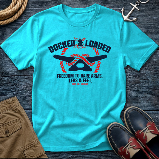 Docked & Loaded garment-dyed tee in Lagoon Blue — dock life graphic by Salty Shirts