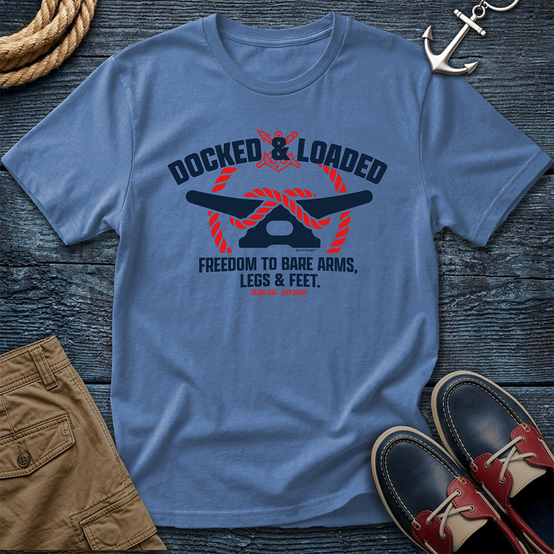 Docked & Loaded garment-dyed tee in Washed Denim — dock life graphic by Salty Shirts
