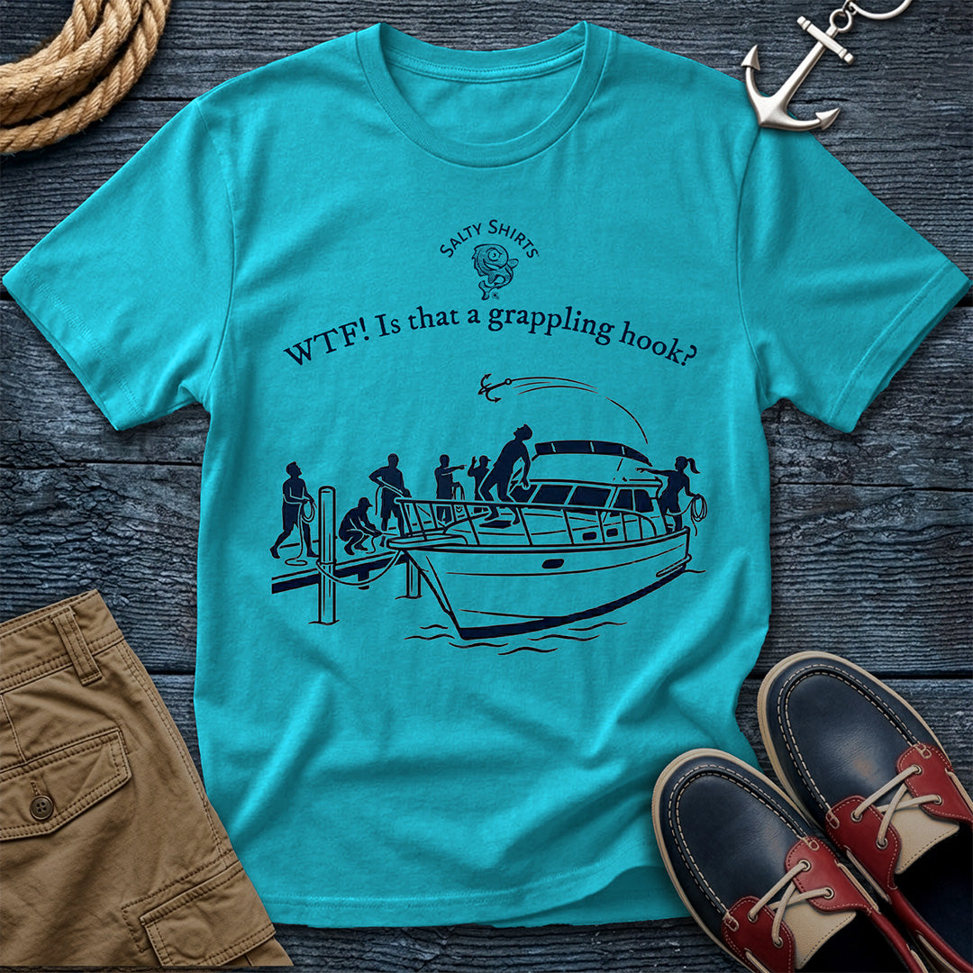 Docking Grapple T-Shirt in Lagoon Blue — nautical humor tee on Comfort Colors 1717