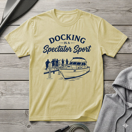 Banana t-shirt with 'Docking is a Spectator Sport' graphic on a wooden surface
