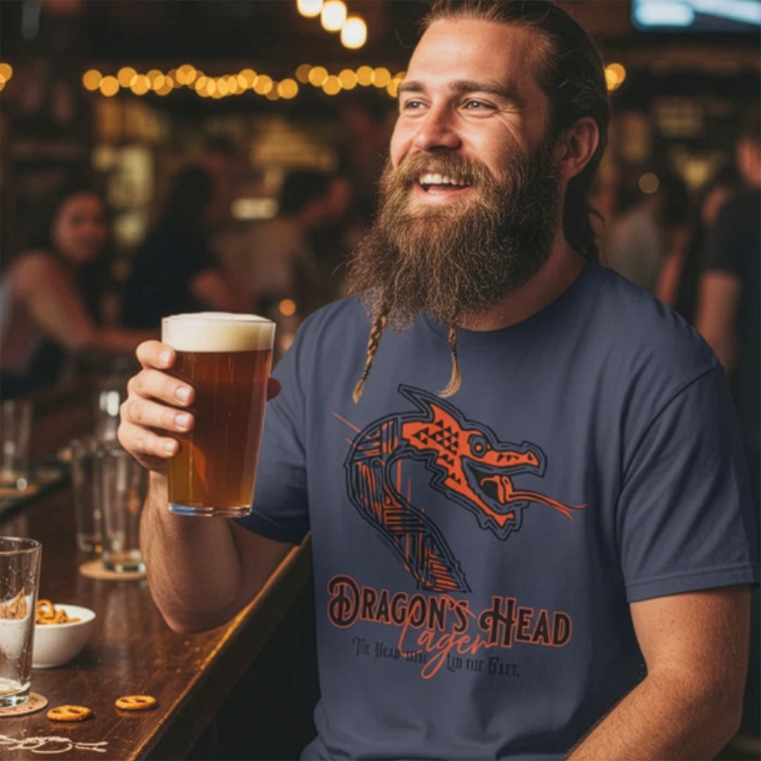 Dragons_Head_Denim_T-Shirt on shirt on man at bar
