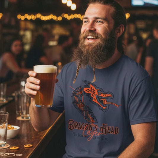 Dragons_Head_Denim_T-Shirt on shirt on man at bar