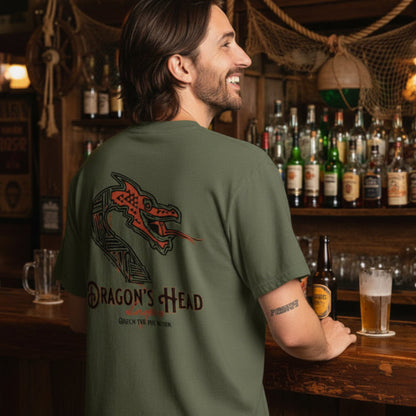 Dragons_Head_Green_T-Shirt Back of shirt on man at bar