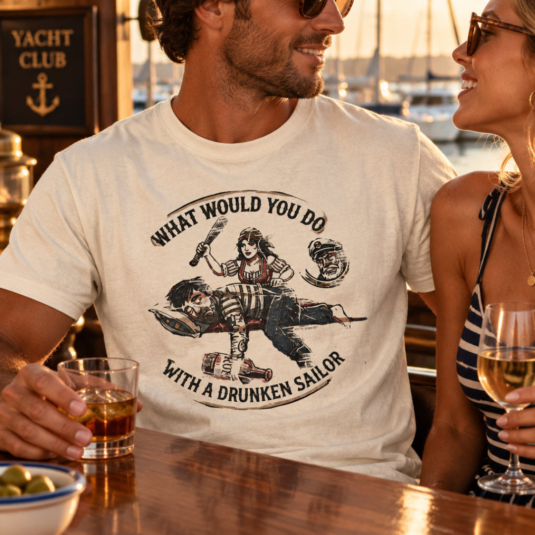 Guy wearing an Ivory drunken Sailor T-shirt at the Yacht Club Ivory T-Shirt