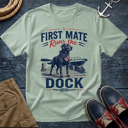 First Mate Runs the Dock T-Shirt in Bay — nautical black lab dog graphic on Comfort Colors garment-dyed cotton