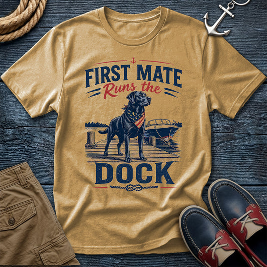 First Mate Runs the Dock T-Shirt in Mustard — nautical black lab dog graphic on Comfort Colors garment-dyed cotton