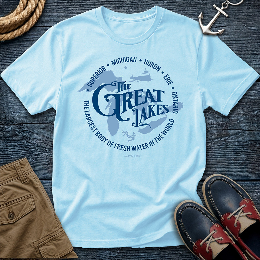 Light Bluel_T-Shirt t-shirt with blue graphic and text about the Great Lakes on a white background
