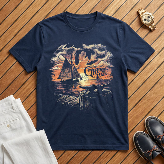 Navy blue t-shirt with a graphic design of a sailboat and text on a wooden surface with shoes and pants.