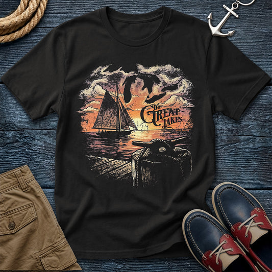 Great Lakes Sunset T-Shirt in Black — vintage sailboat sunset graphic tee on Comfort Colors 1717