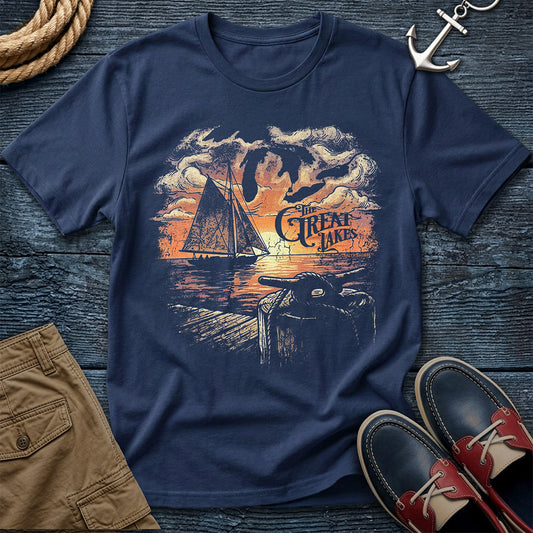 Great Lakes Sunset T-Shirt in Navy — vintage sailboat sunset graphic tee on Comfort Colors 1717