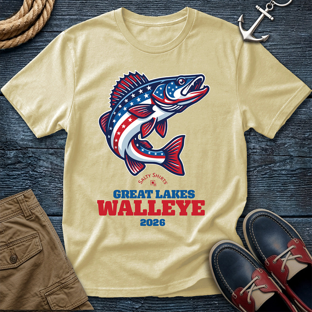 Banana t-shirt with a fish graphic and text Great Lakes Walleye 2026