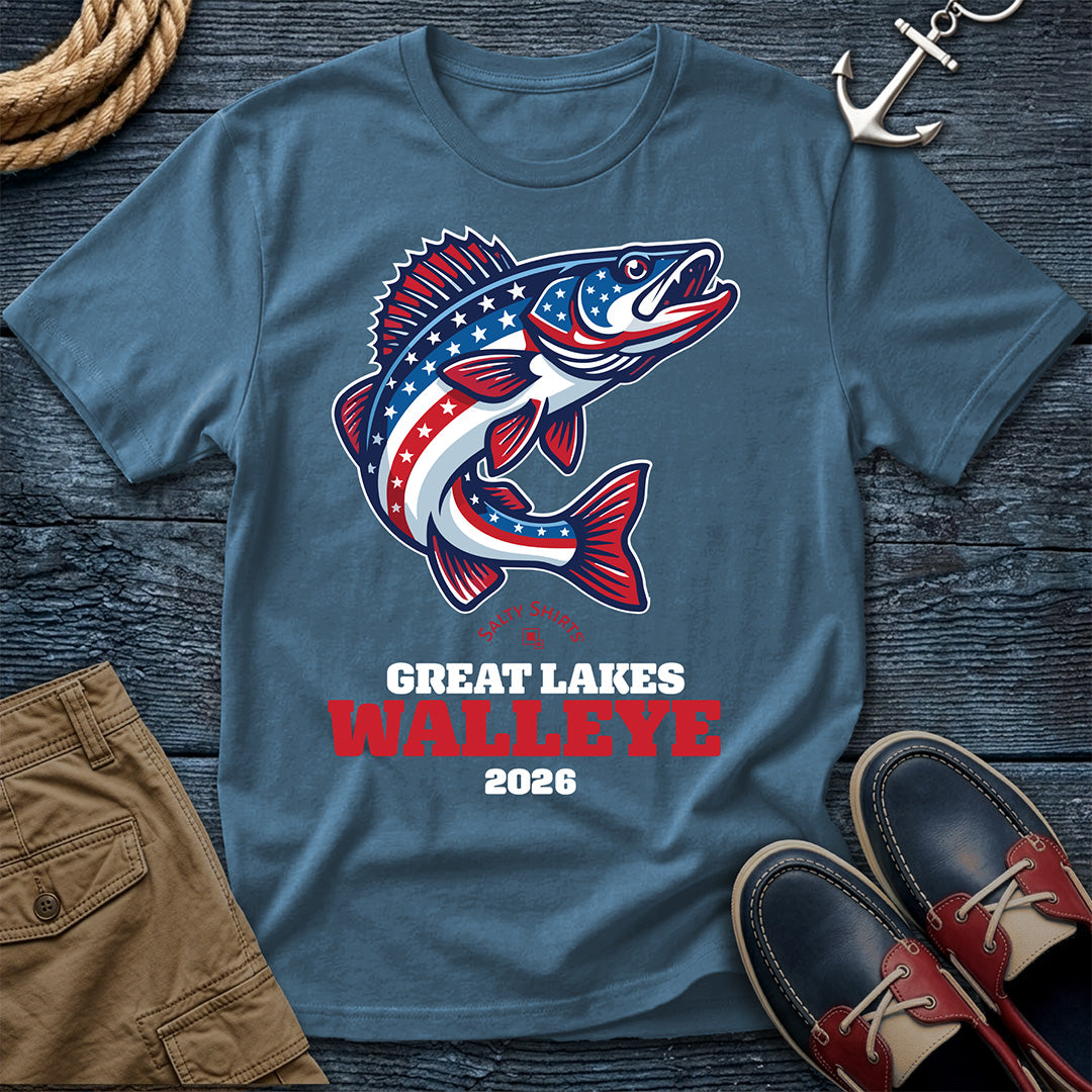 Denim t-shirt with a fish graphic and text Great Lakes Walleye 2026