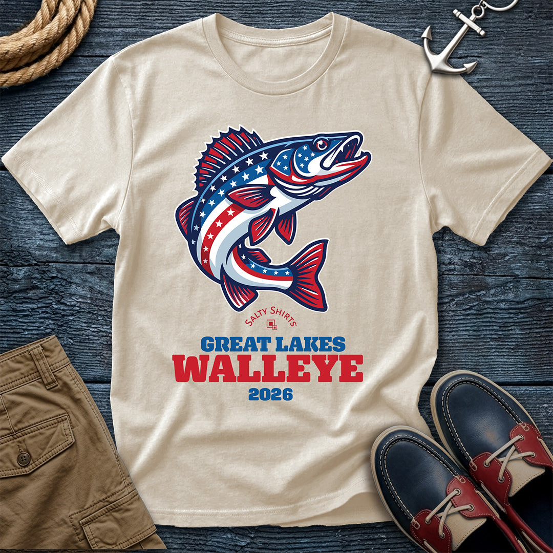 Ivory t-shirt with a fish graphic and text Great Lakes Walleye 2026