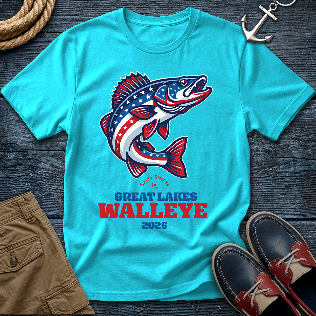 Lagoon Blue t-shirt with a fish graphic and text Great Lakes Walleye 2026