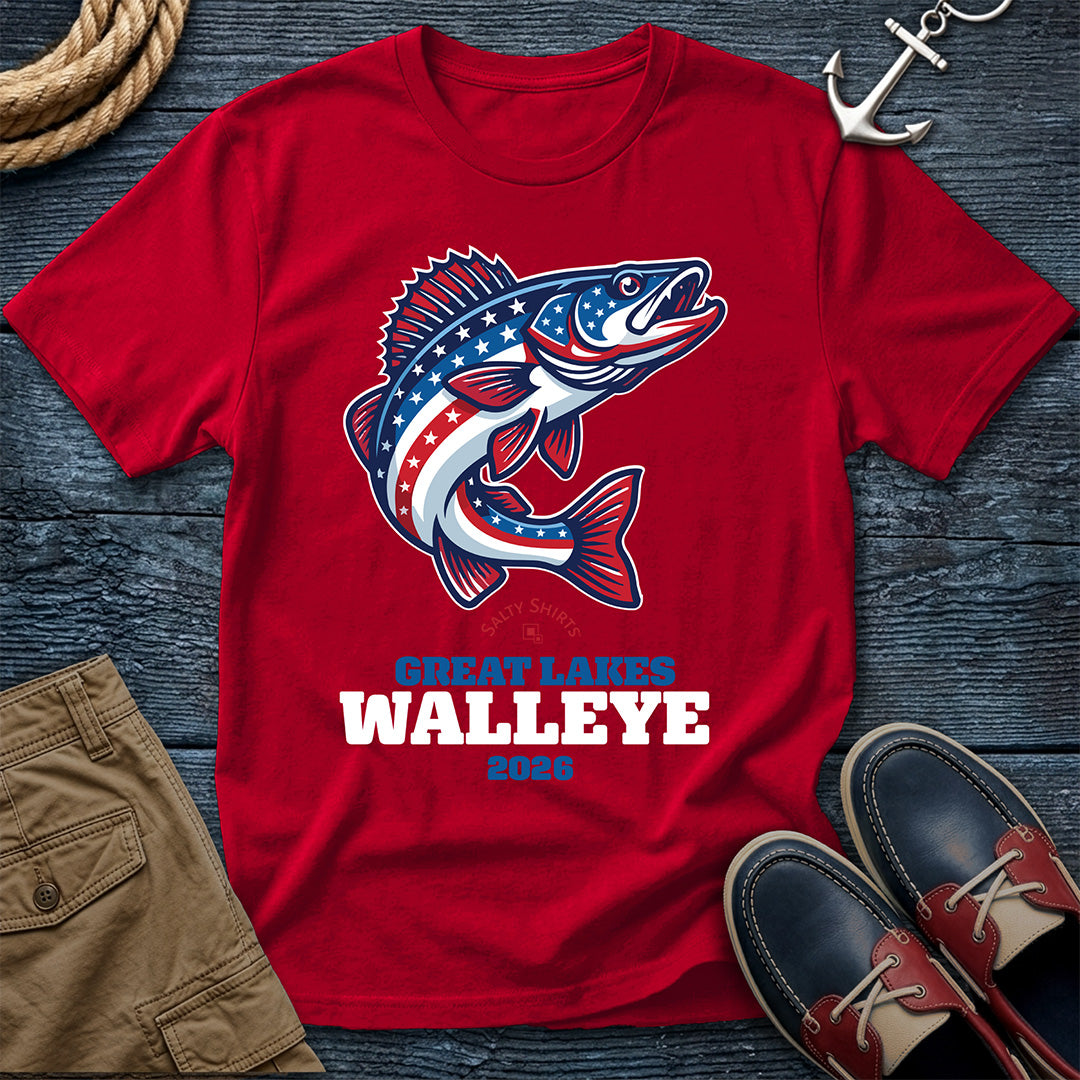 Red t-shirt with a fish graphic and text Great Lakes Walleye 2026